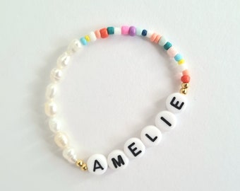 Colorful pearl bracelet with name | Children's bracelet | Freshwater Pearls, Rocailles & 925 Silver