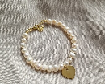 Freshwater pearl bracelet with heart pendant 925 silver gold plated | pearl bracelet