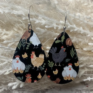 Black acrylic chicken print earrings dangle teardrop