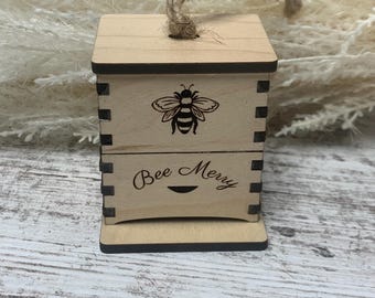 Maple Beehive Box Ornament: Miniature Honeybee Decor