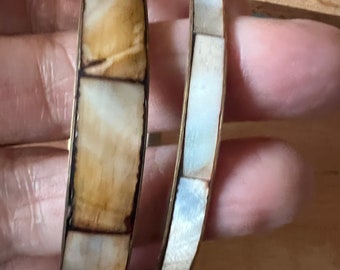2 Beautiful Brass Bangles with Mother of Pearl and Peach Shell Inlay