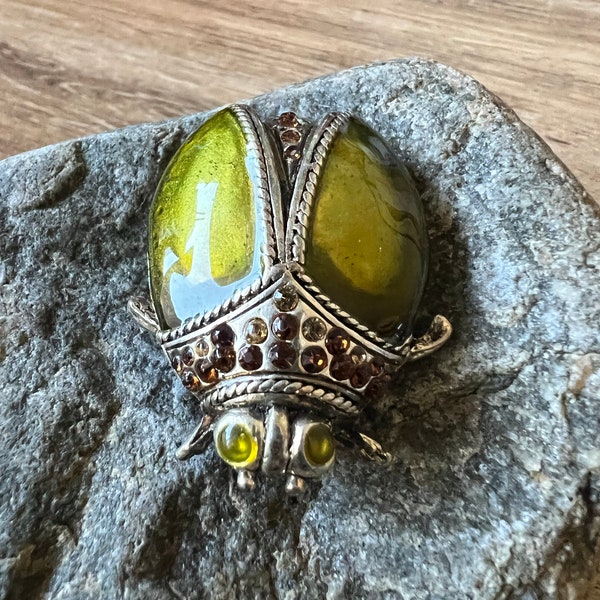 Vintage Green Winged Beetle with Amber Jeweled Trim