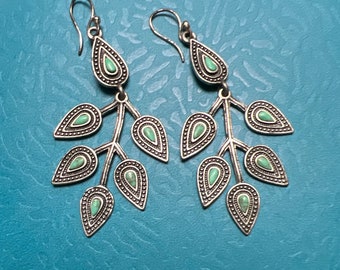 Vintage Pewter and Turquoise Cabochon Leaf Chandelier Earrings