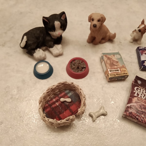 Dollhouse dog food, bowl, dollhouse animals, dog bed, cat, dog, cat food, bowl of milk, scale 1:12, dollhouse pets, dollhouse accessory