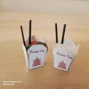 Chinese take out food, set of two, take out carton, box, kitchen, accessories, miniatures, scale 1:12, white rice, beef with peas