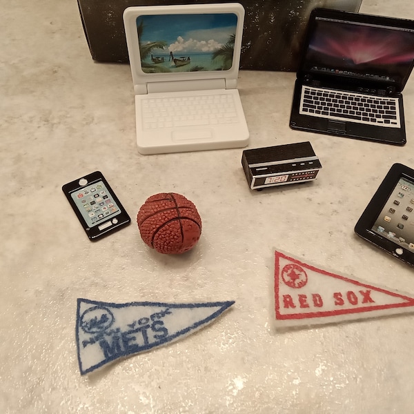 Dollhouse computers, tablet, cell phone, Mets and Red Sox pennants, basketball ball, clock radio,scale 1:12, dollhouse accessory,dollhouse