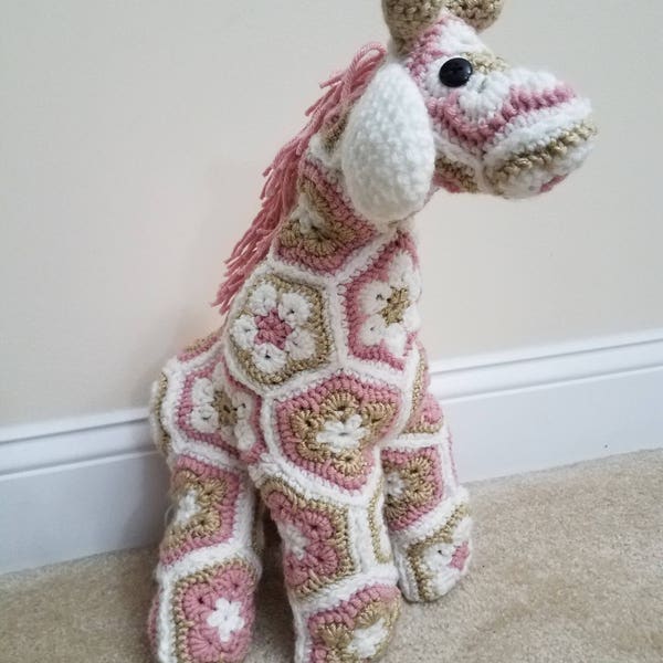 Large Granny Square Crochet Giraffe, African Flower Crochet Giraffe, Stuffed Animal Giraffe, Pink Crochet Giraffe, Crochet Giraffe