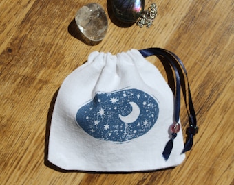 linen pouch for crystals, clocks or jewelry, my precious, textile print after linocut moon and stars