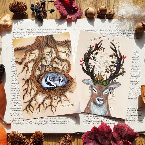 Cartes postales cerf arbre de vie automne et hiver racines