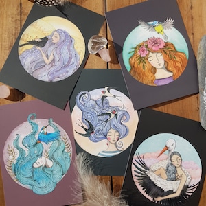 Carte postale A6 ou impression A5 Femme Oiseau printemps été