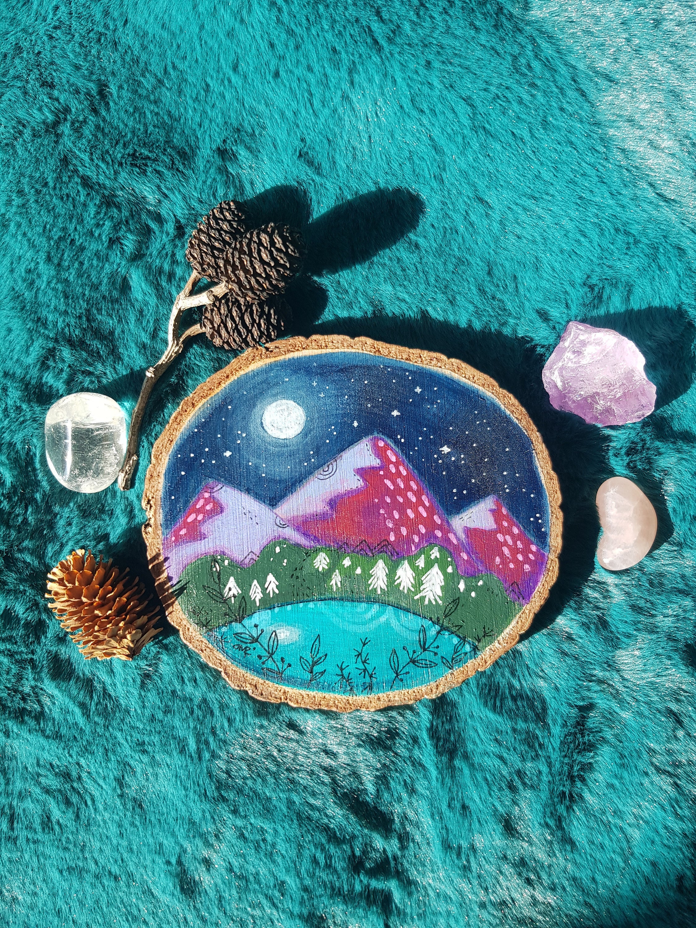 Peinture Montagne sur Rondin de Bois Pour Décoration Murale