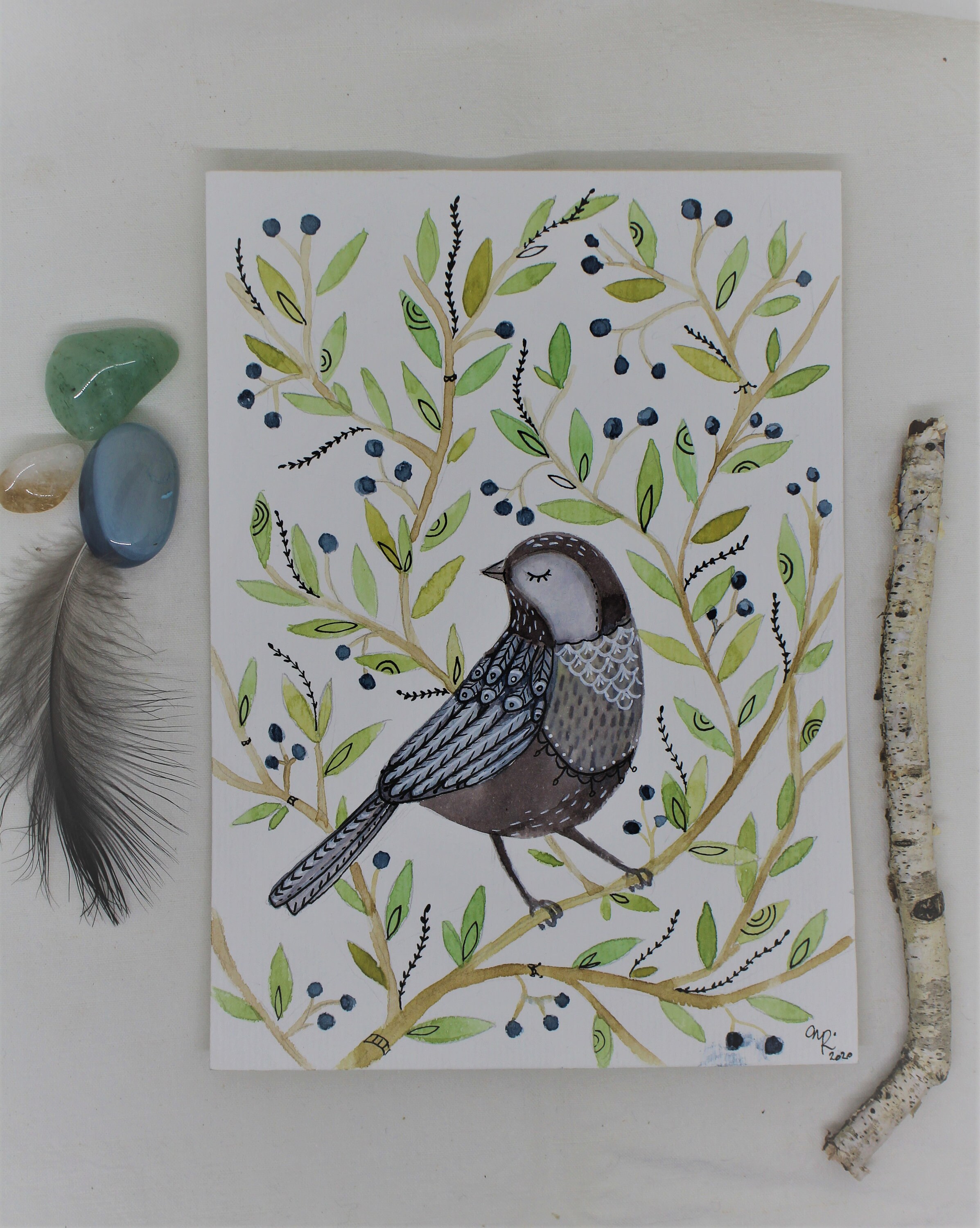 Peinture Aquarelle Originale Oiseau