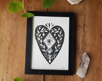 Ojo del corazón con impresión linograbada - para enmarcar el exvoto