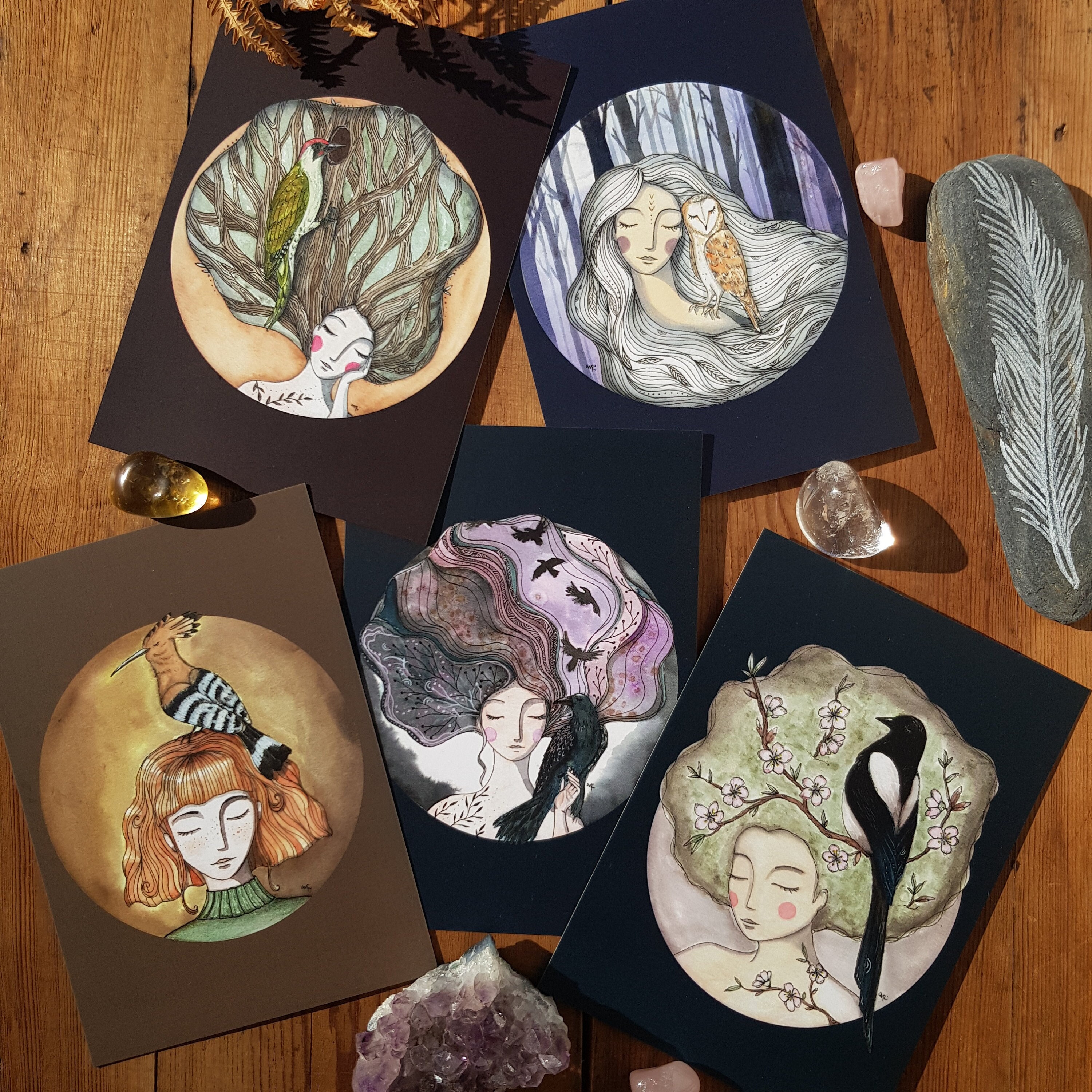 A6 postcard or A5 print, Bird Woman, autumn and winter