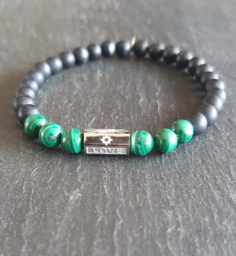 Malachite men's bracelet with black onyx and steel image 1