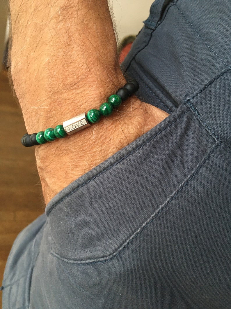 Malachite men's bracelet with black onyx and steel image 6