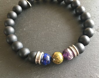 Bracelet homme prénom Léa, onyx, lapis-lazuli, épidote, améthyste