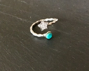 Bague étoile et turquoise véritable, argent 925