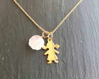 Pink quartz necklace with Gold plated little girl