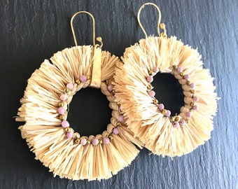 Raphia hoops with mauve gemstones