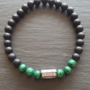 Malachite men's bracelet with black onyx and steel image 5
