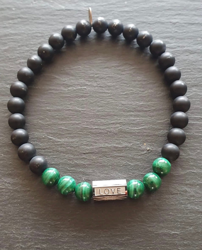 Malachite men's bracelet with black onyx and steel image 5