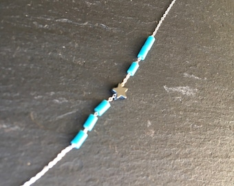 Collier très fin turquoise, étoile hématite, argent 925