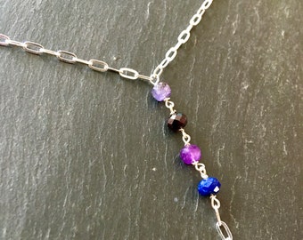 Sterling silver necklace with tanzanite, garnet, amethyst, lapis-lazuli