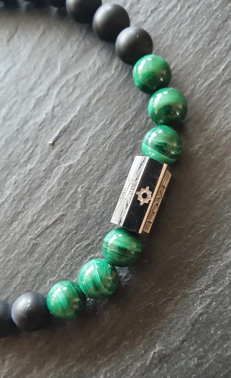 Malachite men's bracelet with black onyx and steel image 3