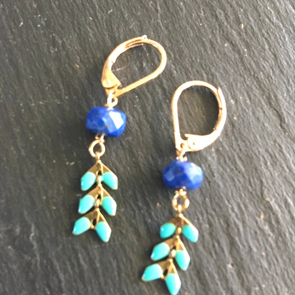 Boucles d'oreilles lapis-lazuli et émail turquoise, plaqué or