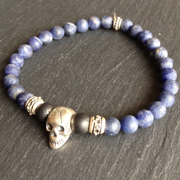 bracelet homme, noir, bleu, argent, pierres,tête de mort