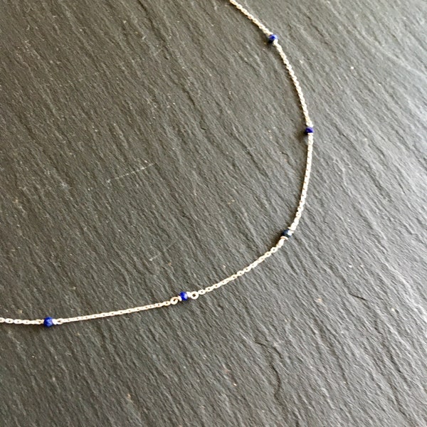 Collier très fin lapis lazuli, argent 925