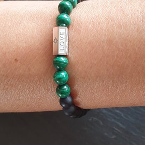 Malachite men's bracelet with black onyx and steel image 7