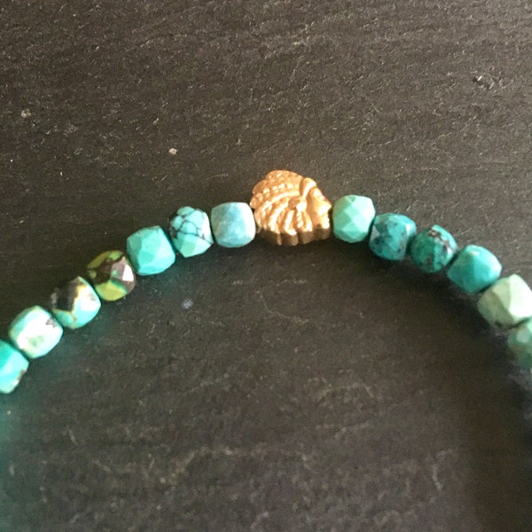 Bracelet turquoise véritable tête d'indien plaqué or