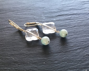 Boucles d'oreilles  trèfle en cristal de roche, la pierre d'avril, larimar , argent 925
