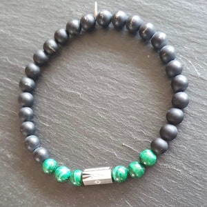 Malachite men's bracelet with black onyx and steel image 2