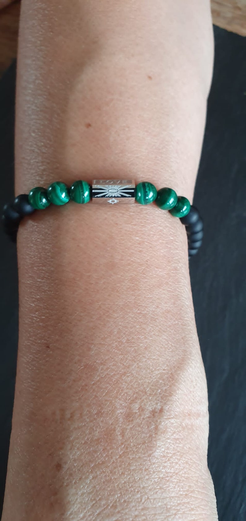 Malachite men's bracelet with black onyx and steel image 8