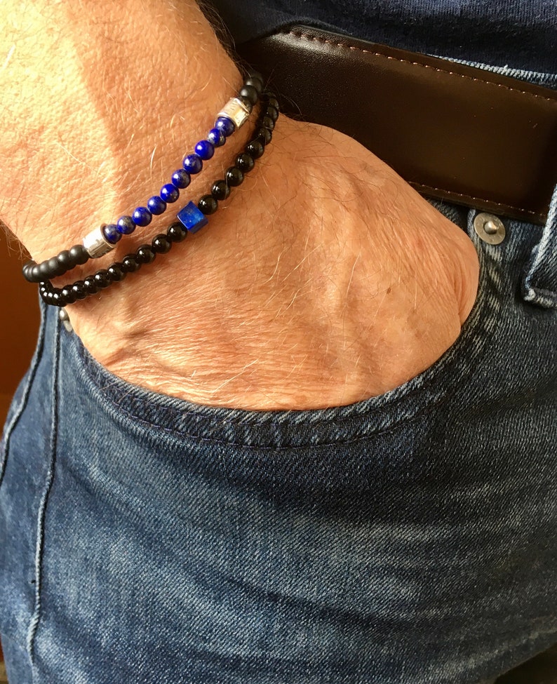 Bracelet fin homme lapis lazuli, onyx noir mat et argent 925 image 8