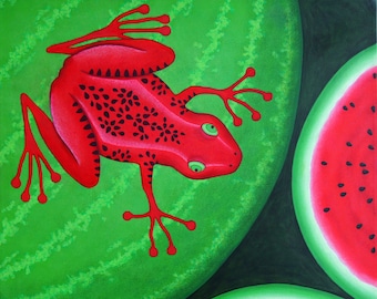 Melon frog, frog picture, watermelon, frog prince, frog picture, pictures, melon picture, still life, frog, living room picture, children's room