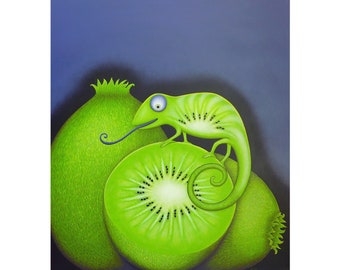 Kiwichamäleon, Kiwi Bild, Chamäleon Bild, Tierbild, witziges Bild, Stilleben, Chamäleon, Kiwi, Früchte Bild, Obst, Bilder, großes Bild