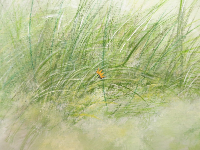 May include: A small, orange crown is hidden in a field of tall, green grass. The grass is painted with a light, airy brushstroke, giving the image a soft, dreamy feel.