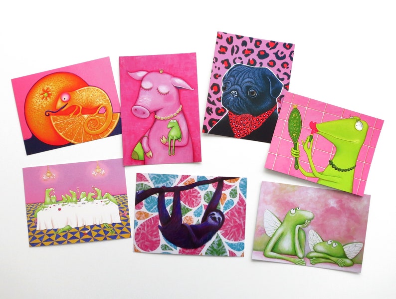 ART POSTCARDS in a set of 7, 7 postcards, art postcards, art cards, animal motifs, animal postcards, sloth, pig, angel, pug, frog image 1