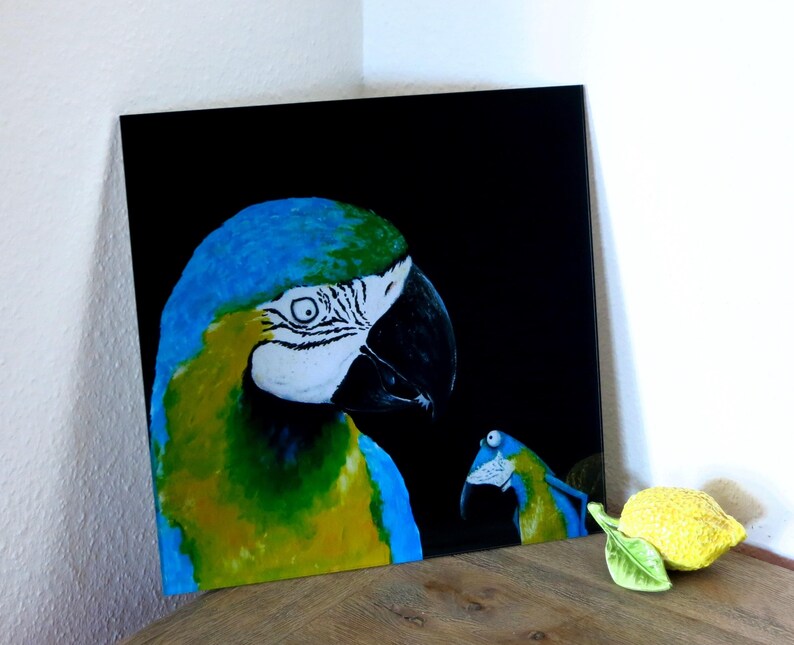Arafrosch, print behind acrylic glass, blue ara, picture with parrot, picture living room, frog picture, frog, bird picture, funny image image 1