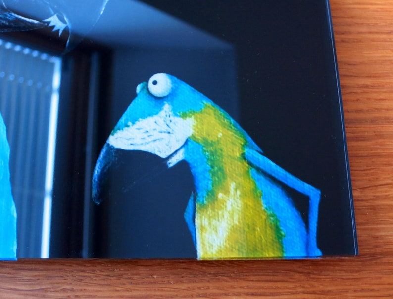 Arafrosch, print behind acrylic glass, blue ara, picture with parrot, picture living room, frog picture, frog, bird picture, funny image image 3