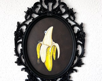 Dieser Bananenfrosch hat einen Leckerbissen entdeckt, Froschbild, witziges Bild, Stilleben, Frosch Gemälde, Banane, getarnter Frosch