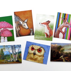 Kunztpostkarten in 7-set, seven postcards, postcards, postcard, postcards, frog, frog, deer, owl, fly mushroom image 1