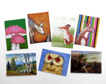 Kunztpostkarten in 7-set, seven postcards, postcards, postcard, postcards, frog, frog, deer, owl, fly mushroom