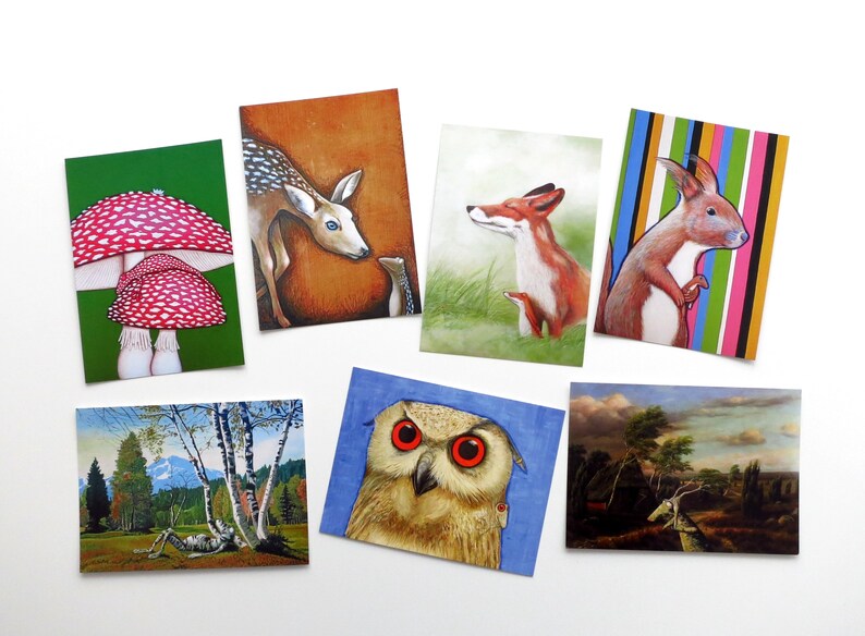 Kunztpostkarten in 7-set, seven postcards, postcards, postcard, postcards, frog, frog, deer, owl, fly mushroom image 1