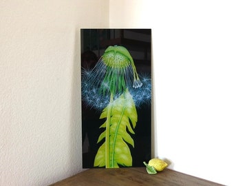 Lion tooth frog, pressure behind acrylic glass, frog, frog picture, Dandelion, flower, children's room image, pressure behind glass, gift