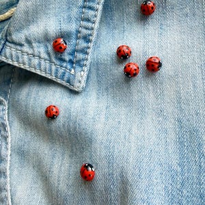Könnte beinhalten: Ein hellblaues Jeanshemd mit mehreren kleinen, runden, rot gefärbten marienkäferförmigen Knöpfen oder Verzierungen, die auf dem Stoff verteilt sind. Jeder Marienkäfer hat einen leuchtend roten Körper mit schwarzen Punkten und einem schwarzen Kopf.